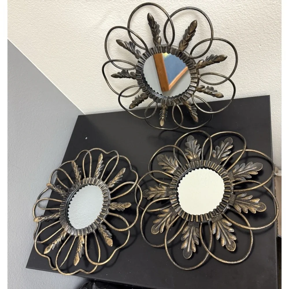 Lot of 3 Vintage Metal Flower Shaped Hanging Mirrors with Leaves Home Decor